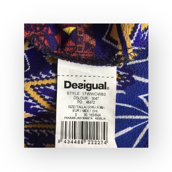 Desigual ๐ Mona Fucsias Boho Lace Sleeve Printed Button Down Shirt ๐ Blue Pink - Picture 9 of 16